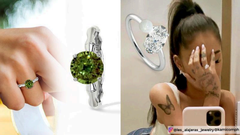 silver rings, one with alexandrites and another with pearls for june birthstone ring by gemsny on woman's finger, shown next to ariana grande who is wearing a similar ring with pearls