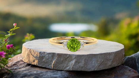 gold ring with periodt august birthstone ring by gemsny displayed on a flat grey stone