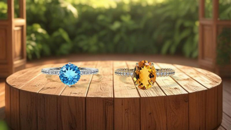 two silver rings, one with topaz and the second with citrine for november birthstone ring by gemsny displayed on a flat wooden surface